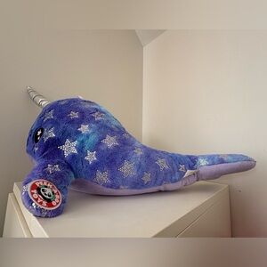 Plush Narwhal Pillow with Silver Star Accents - Blue & Purple